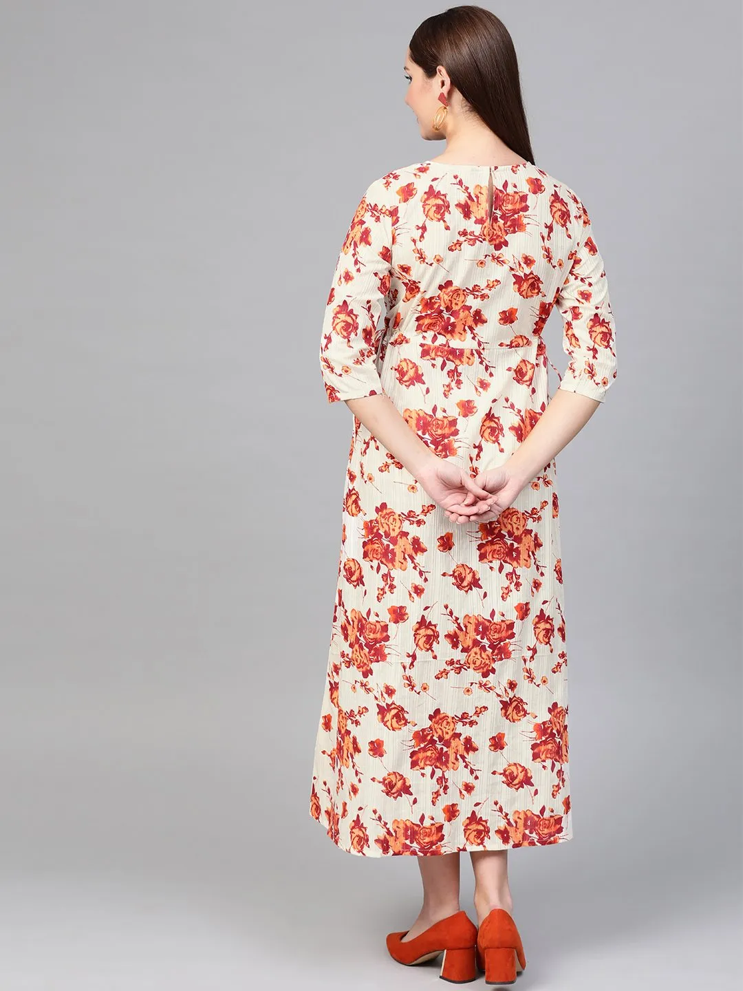 Women Off White & Orange Floral Printed Maxi Dress