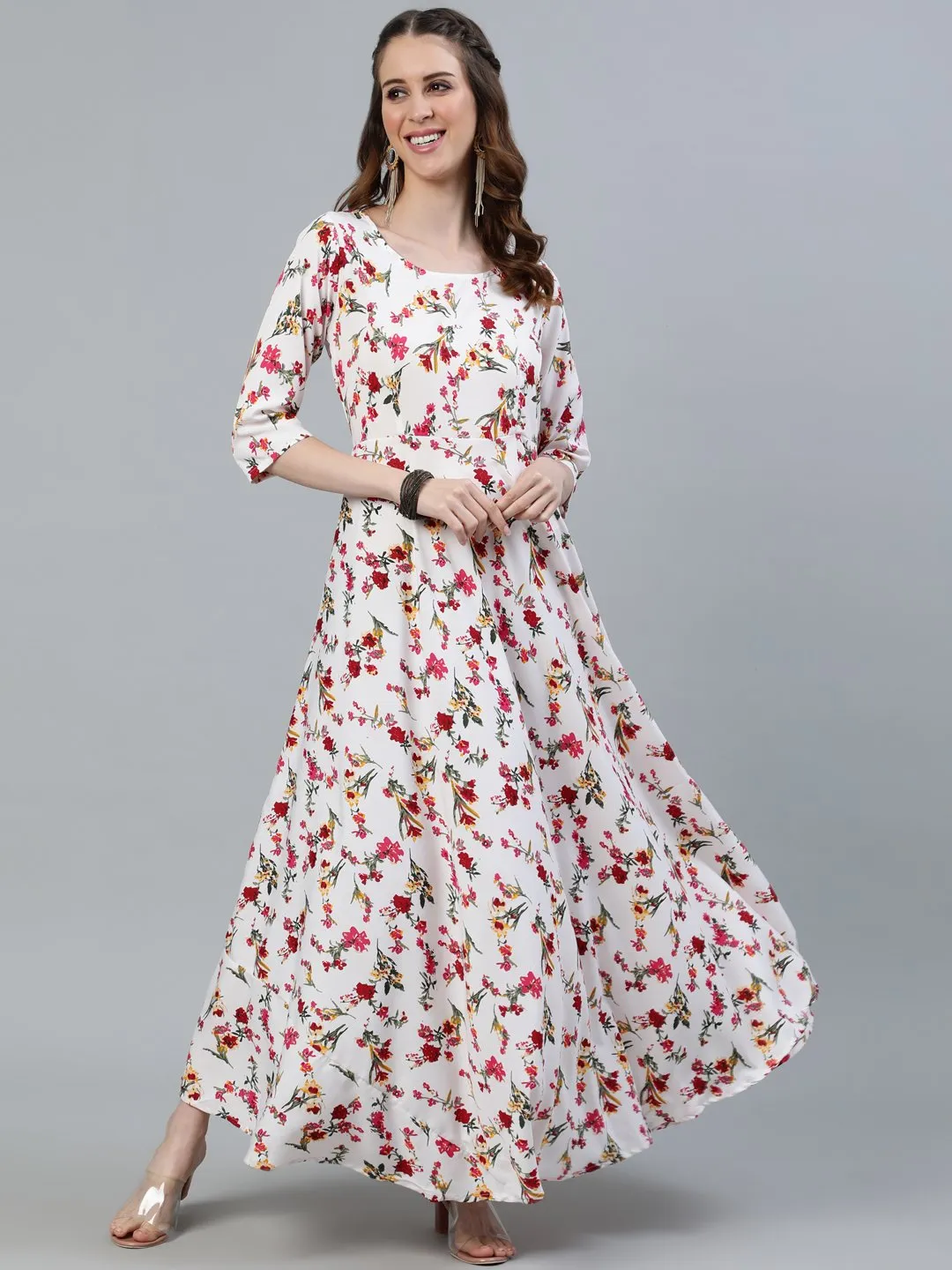 Women Off-White Floral Printed Maxi Dress With Three Quarter Sleeves