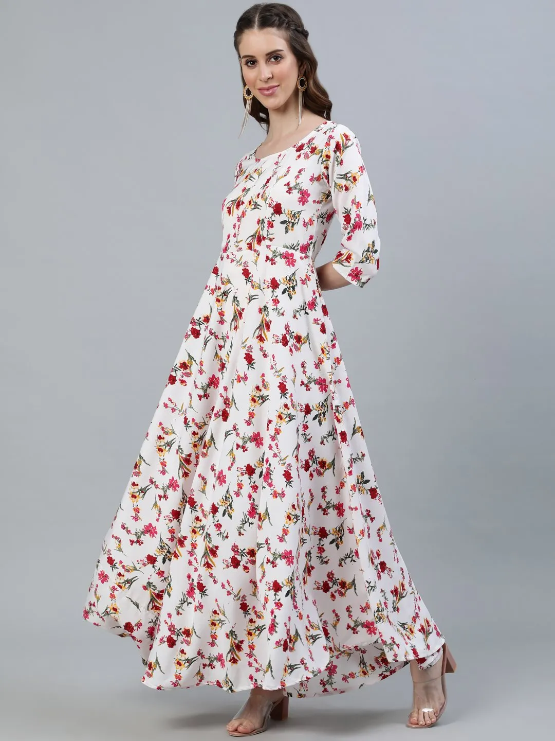 Women Off-White Floral Printed Maxi Dress With Three Quarter Sleeves