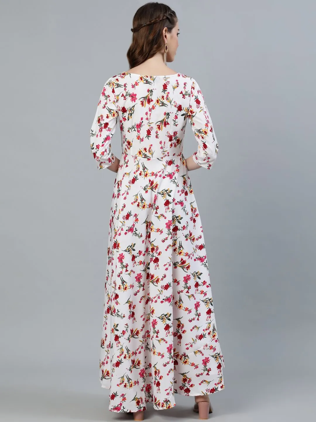 Women Off-White Floral Printed Maxi Dress With Three Quarter Sleeves