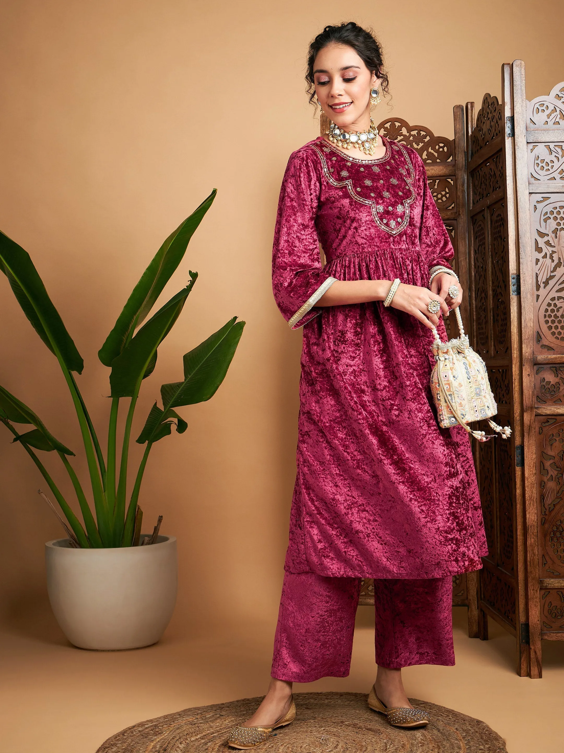 Women Pink Velvet Embroidered Gathered Kurta With Pants