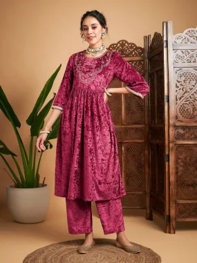 Women Pink Velvet Embroidered Gathered Kurta With Pants