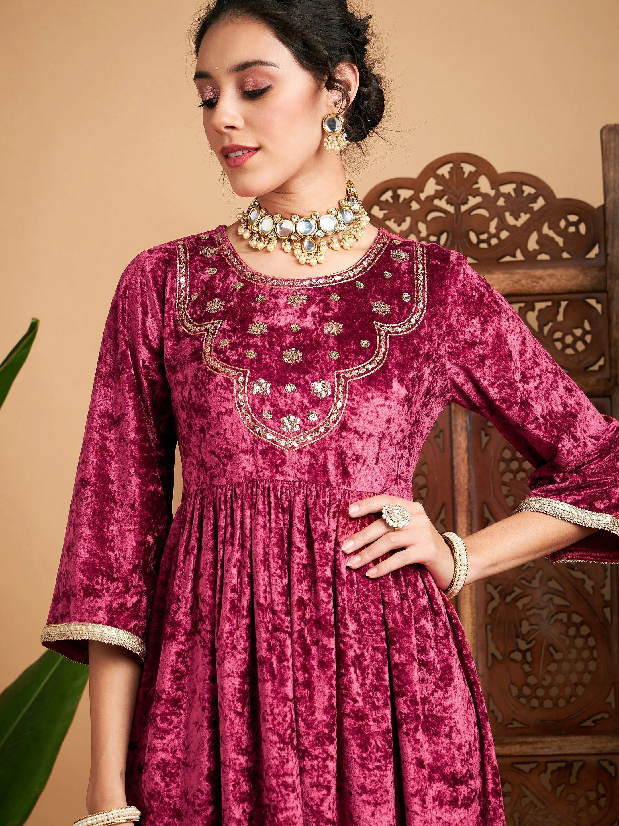 Women Pink Velvet Embroidered Gathered Kurta With Pants