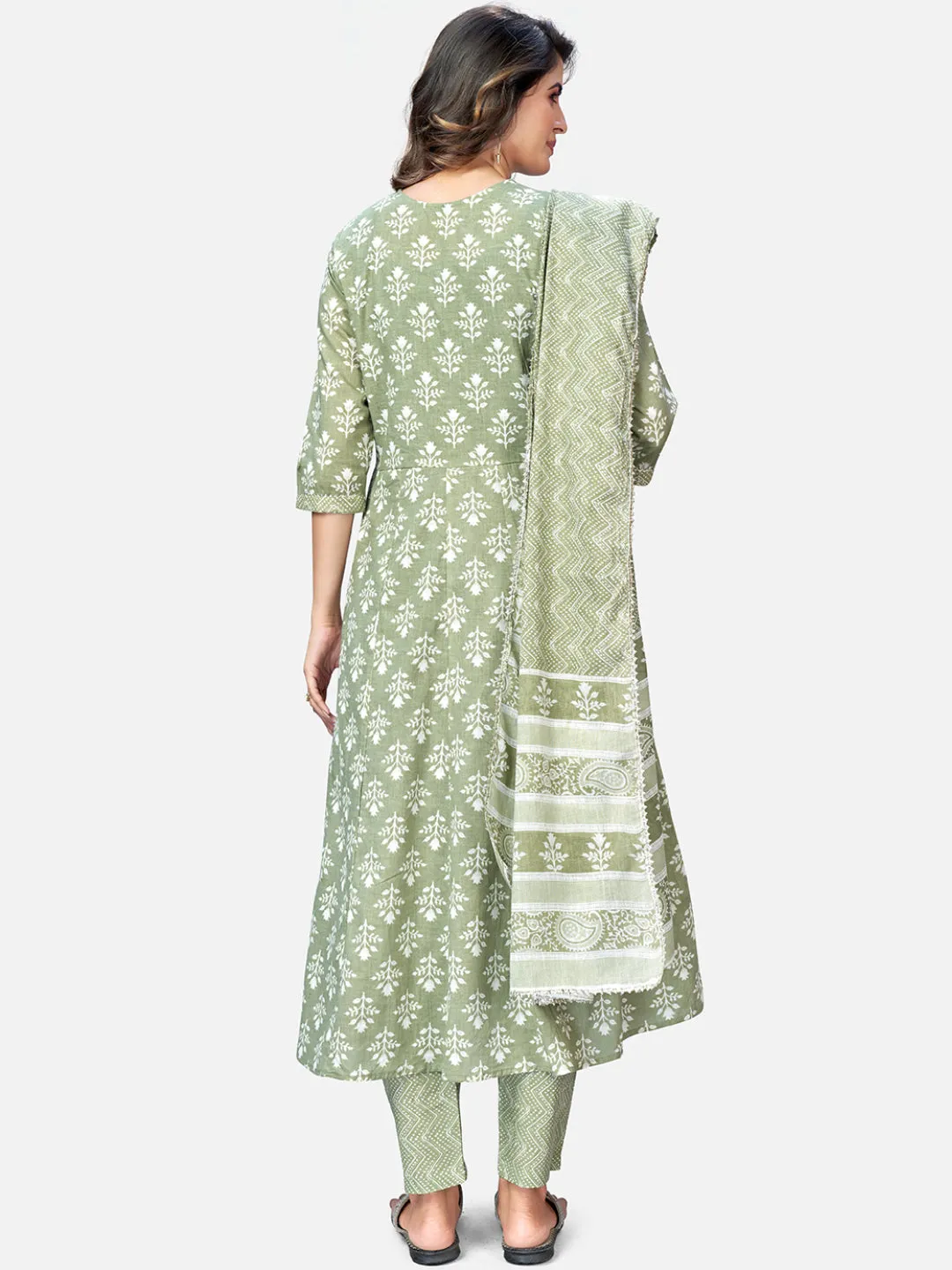 Women Pista Green Anarkali Cotton Kurta With Pant & Dupatta (3Pcs Set)