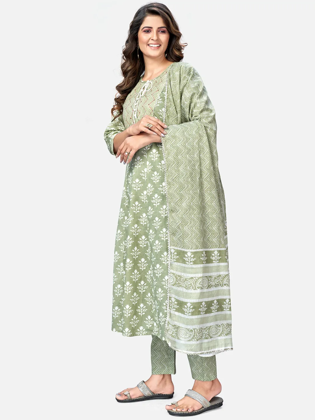 Women Pista Green Anarkali Cotton Kurta With Pant & Dupatta (3Pcs Set)