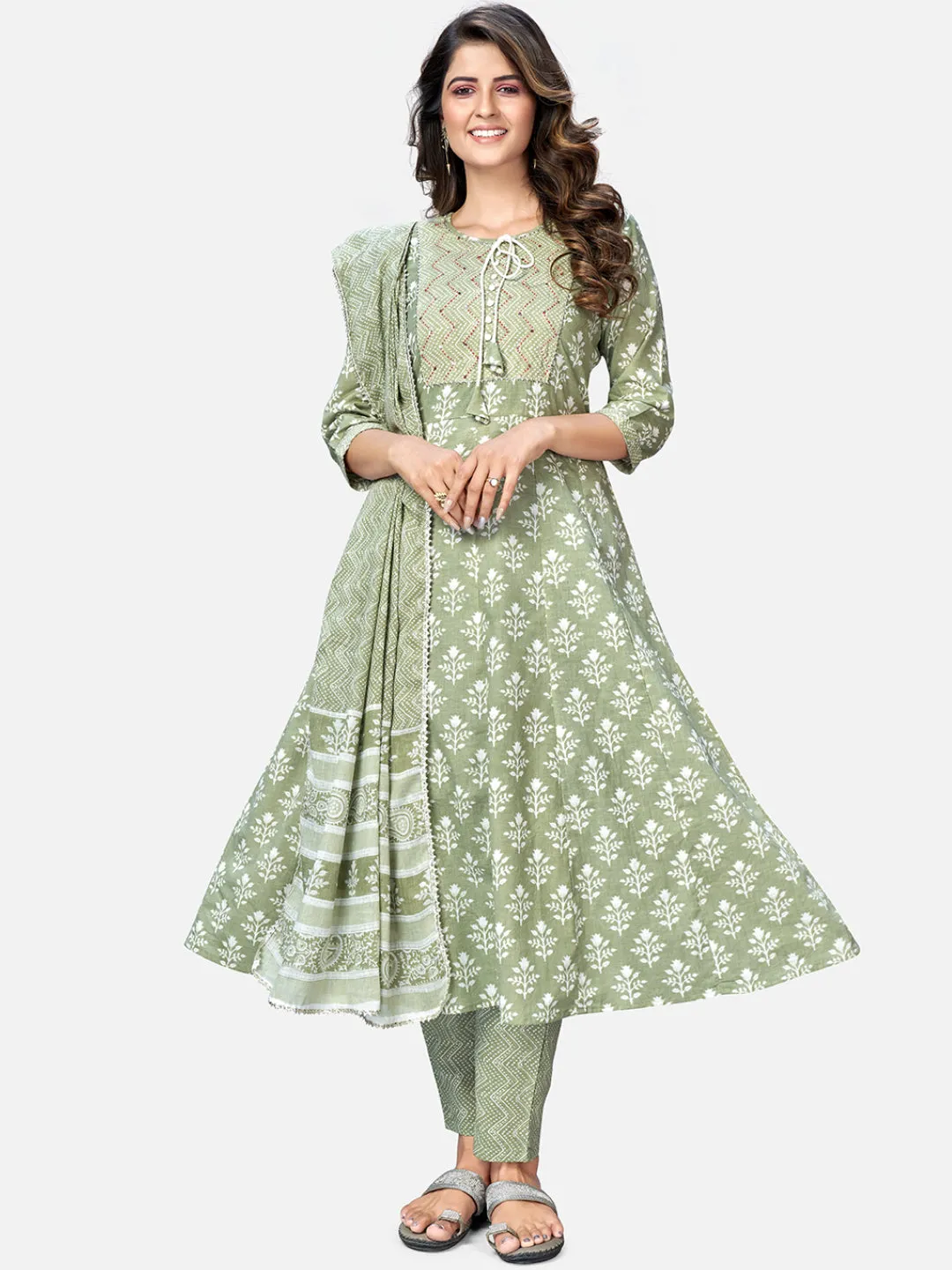 Women Pista Green Anarkali Cotton Kurta With Pant & Dupatta (3Pcs Set)