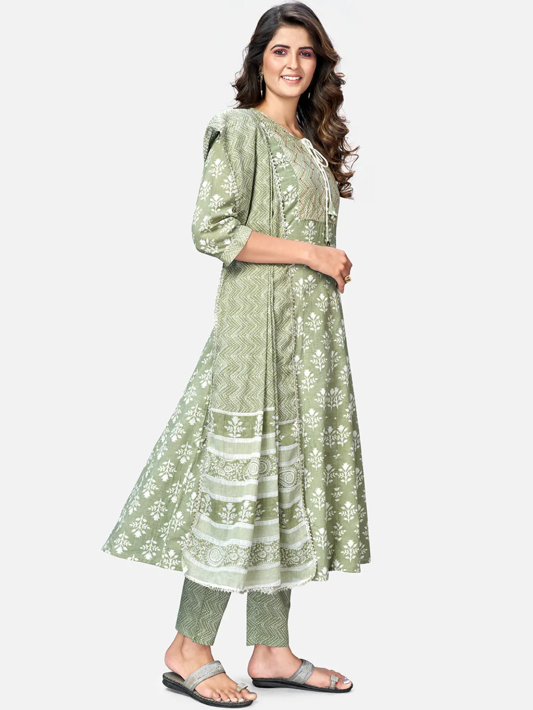 Women Pista Green Anarkali Cotton Kurta With Pant & Dupatta (3Pcs Set)