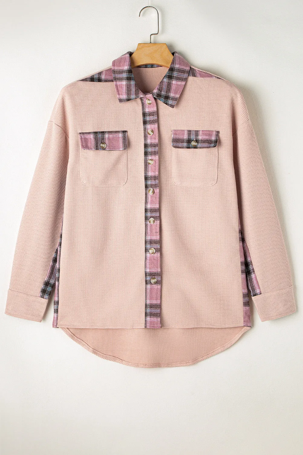 Women Waffle Knit Plaid Shacket Boyfriend Button Down Shirt Jacket