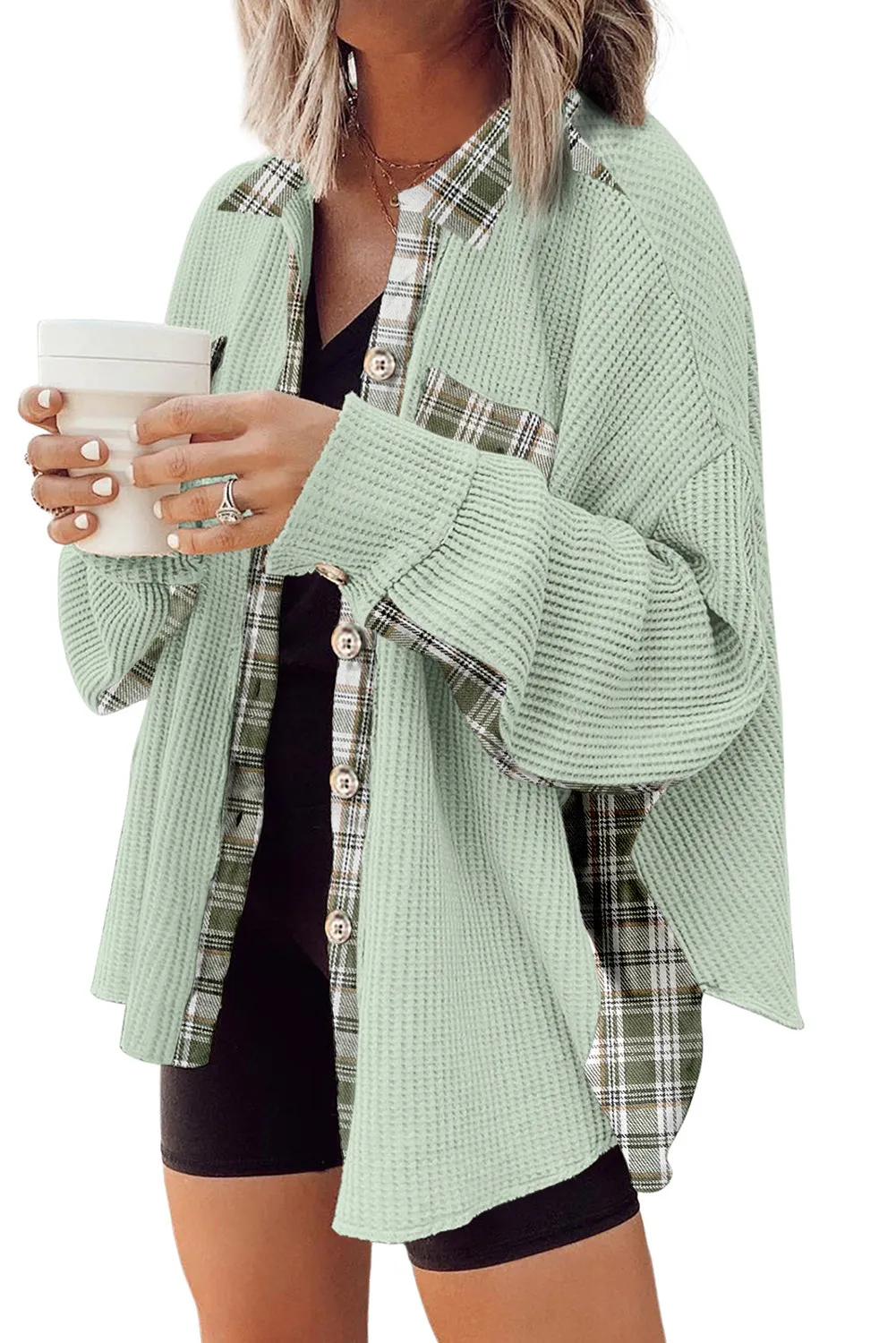 Women Waffle Knit Plaid Shacket Boyfriend Button Down Shirt Jacket