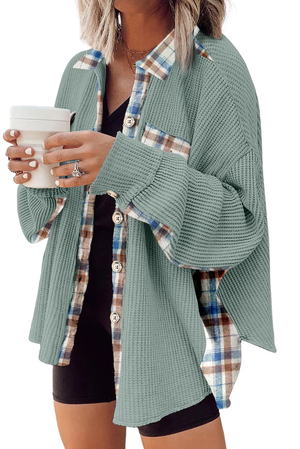 Women Waffle Knit Plaid Shacket Boyfriend Button Down Shirt Jacket