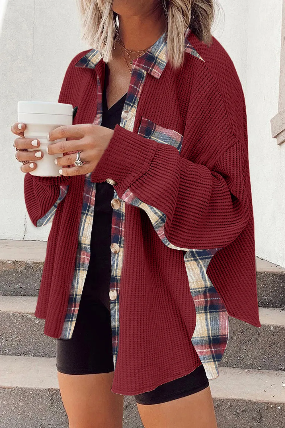 Women Waffle Knit Plaid Shacket Boyfriend Button Down Shirt Jacket