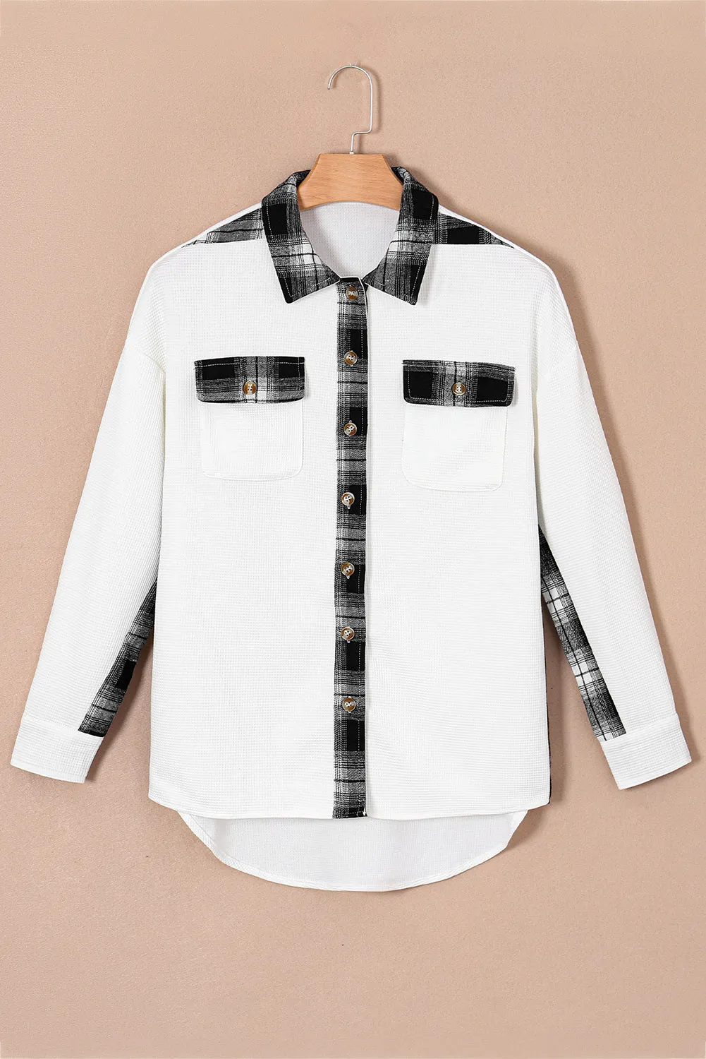 Women Waffle Knit Plaid Shacket Boyfriend Button Down Shirt Jacket