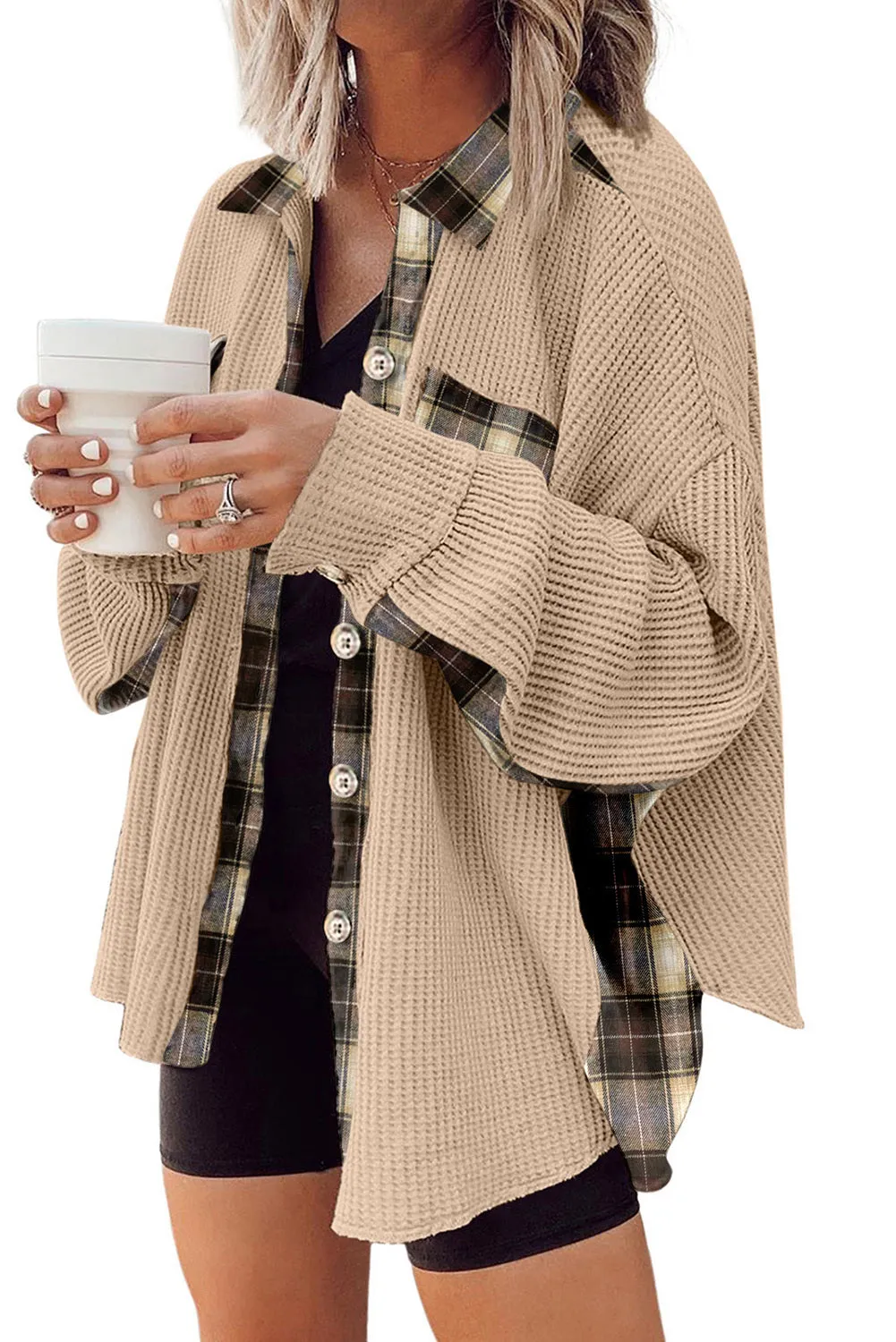 Women Waffle Knit Plaid Shacket Boyfriend Button Down Shirt Jacket