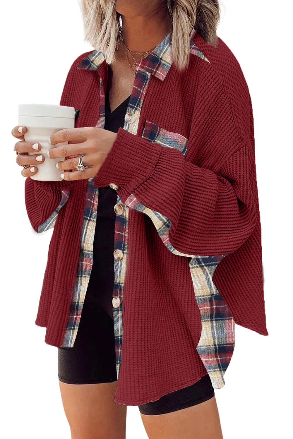 Women Waffle Knit Plaid Shacket Boyfriend Button Down Shirt Jacket