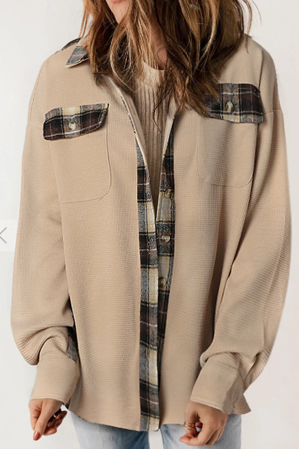 Women Waffle Knit Plaid Shacket Boyfriend Button Down Shirt Jacket