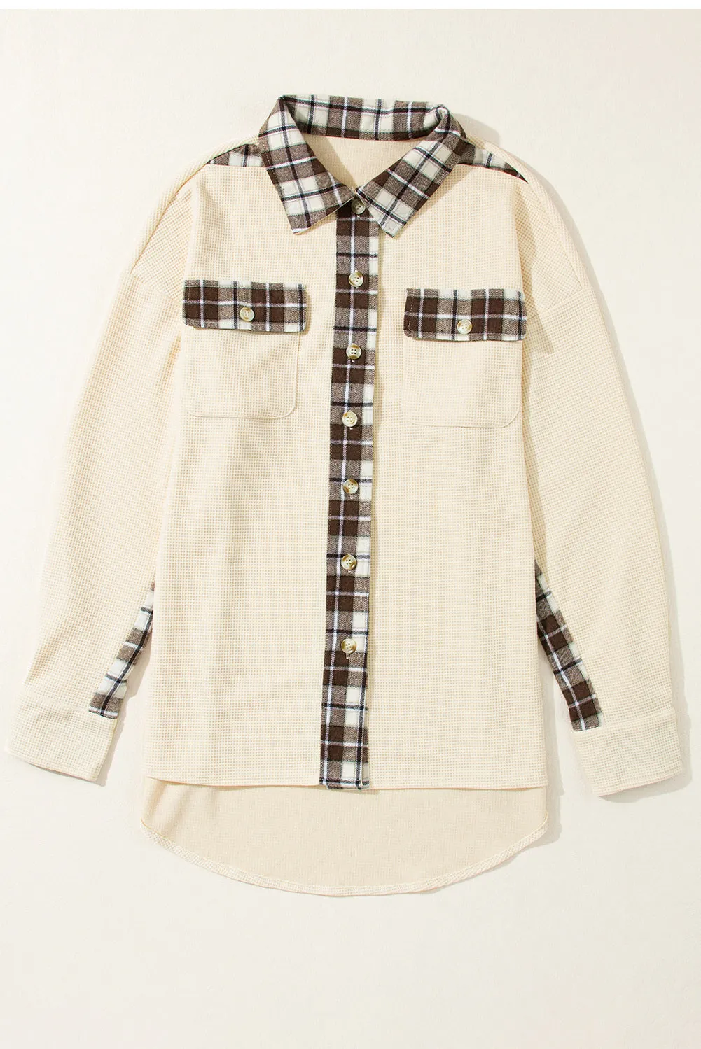 Women Waffle Knit Plaid Shacket Boyfriend Button Down Shirt Jacket