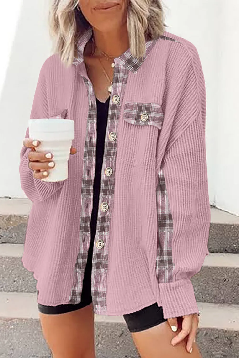 Women Waffle Knit Plaid Shacket Boyfriend Button Down Shirt Jacket