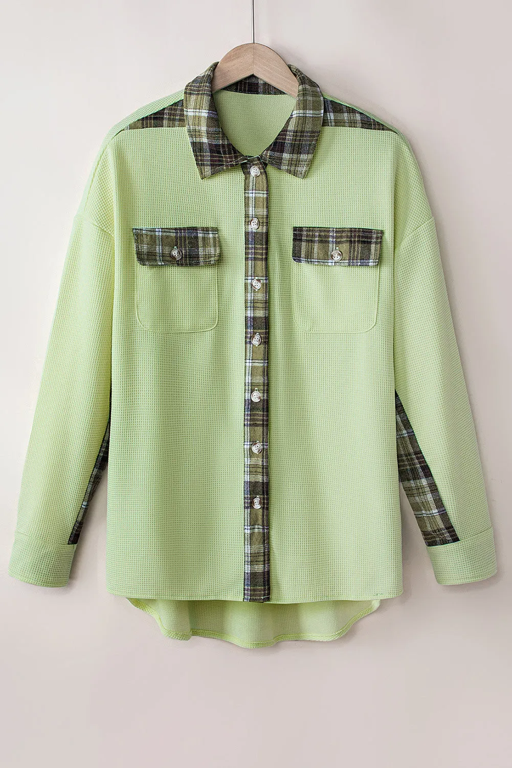 Women Waffle Knit Plaid Shacket Boyfriend Button Down Shirt Jacket