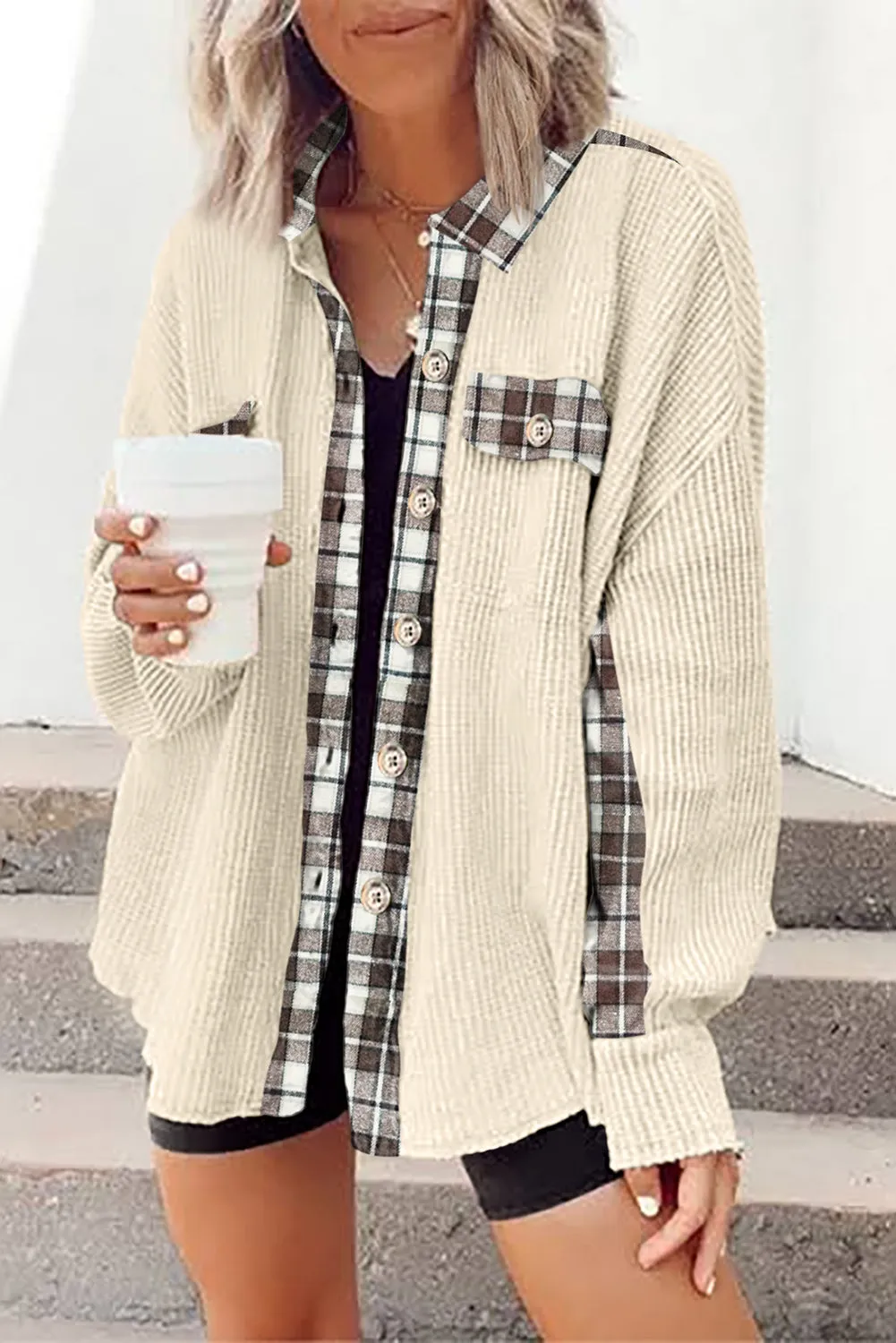 Women Waffle Knit Plaid Shacket Boyfriend Button Down Shirt Jacket