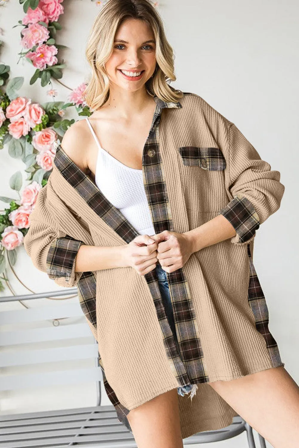 Women Waffle Knit Plaid Shacket Boyfriend Button Down Shirt Jacket