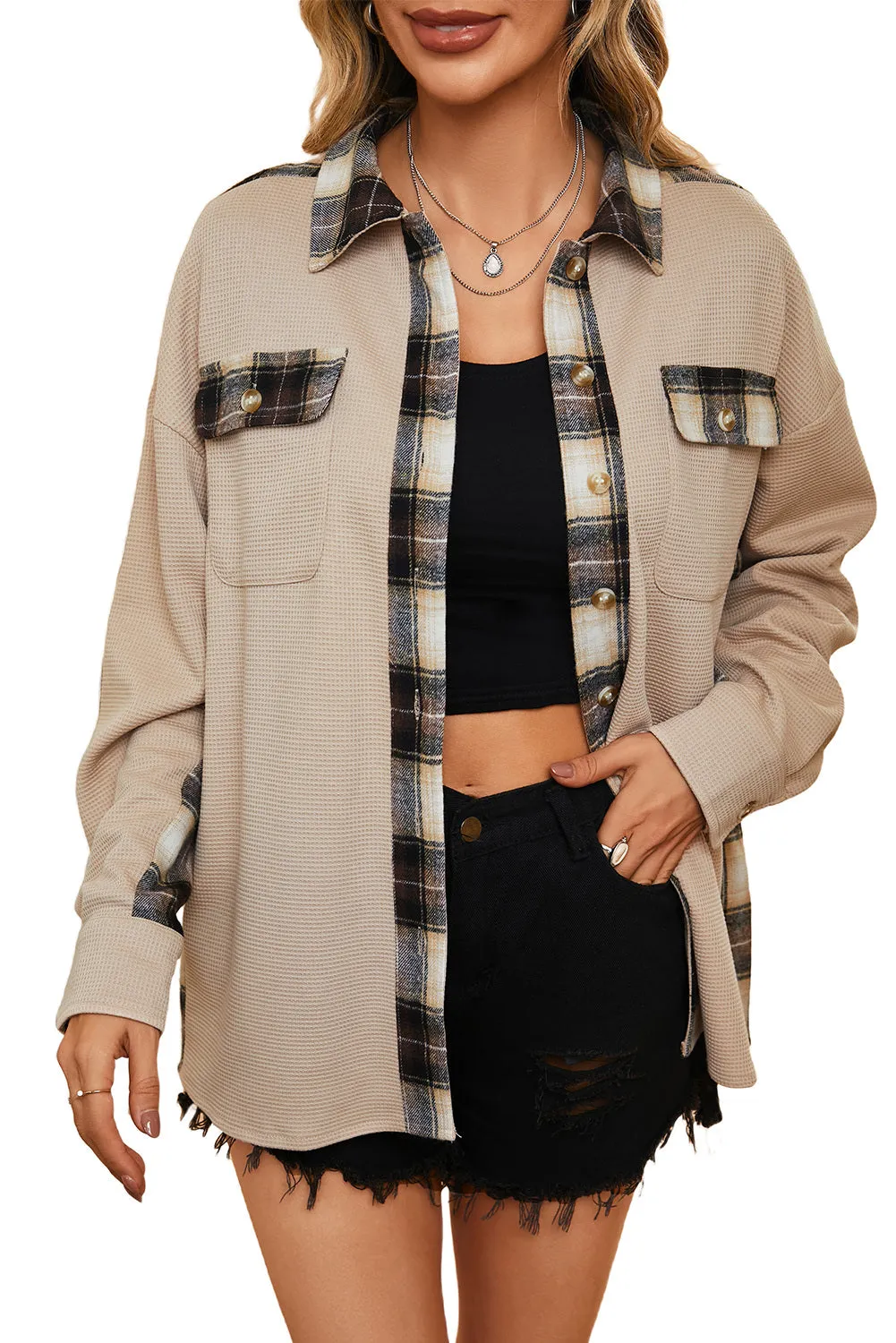 Women Waffle Knit Plaid Shacket Boyfriend Button Down Shirt Jacket