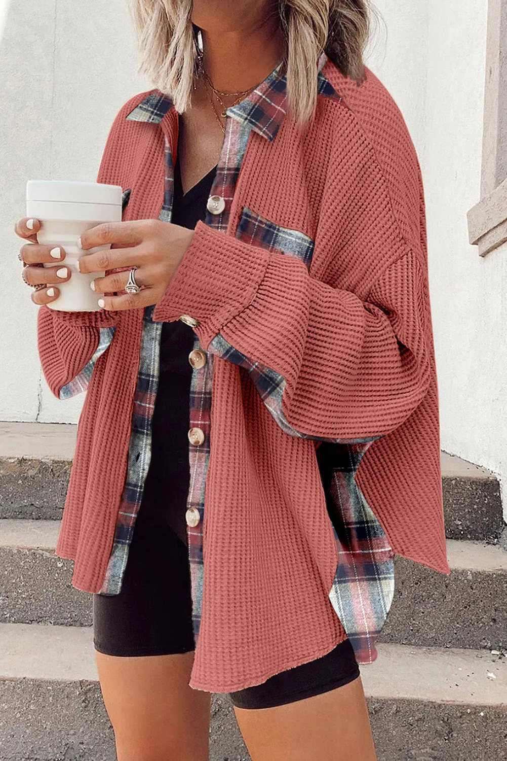 Women Waffle Knit Plaid Shacket Boyfriend Button Down Shirt Jacket