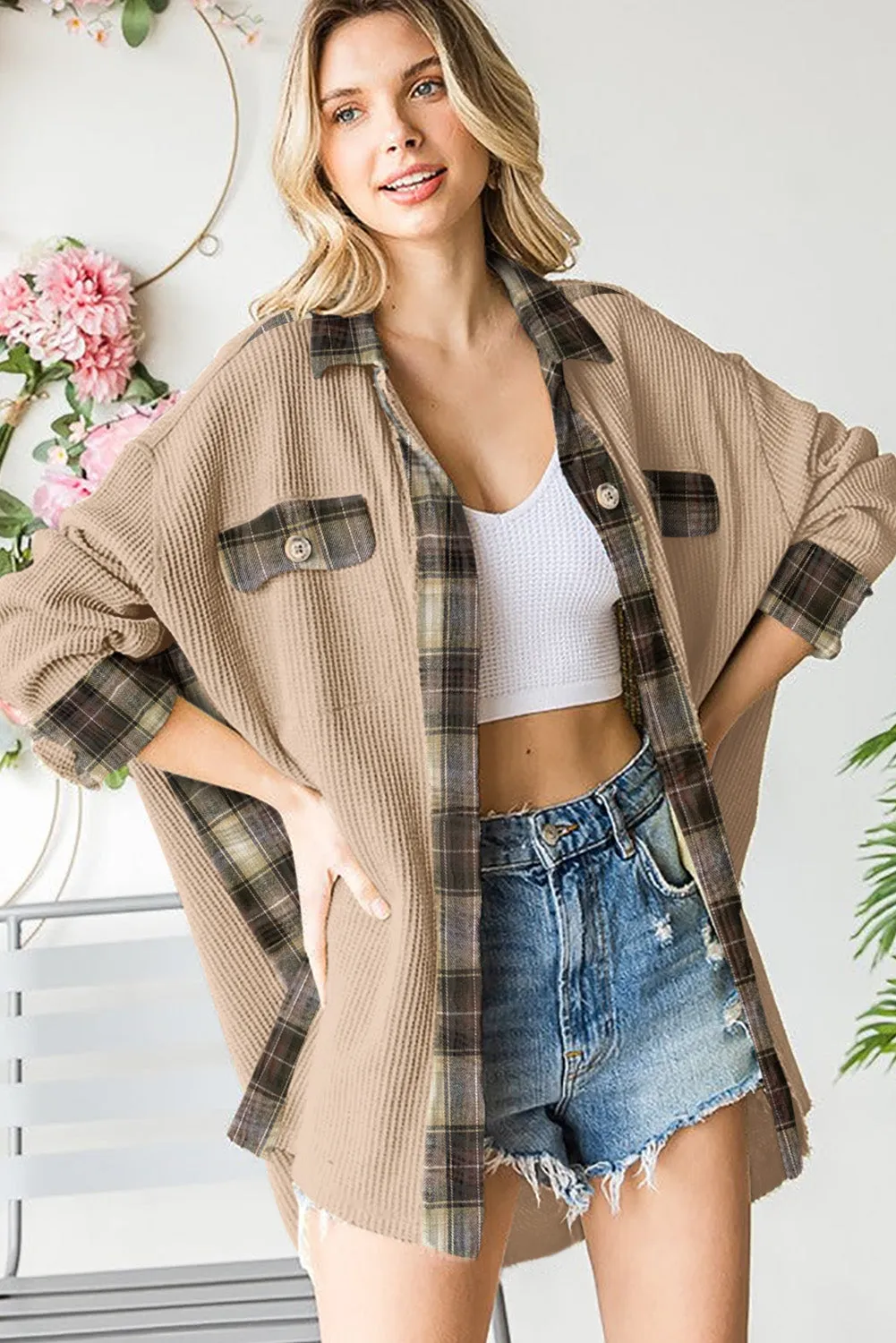 Women Waffle Knit Plaid Shacket Boyfriend Button Down Shirt Jacket