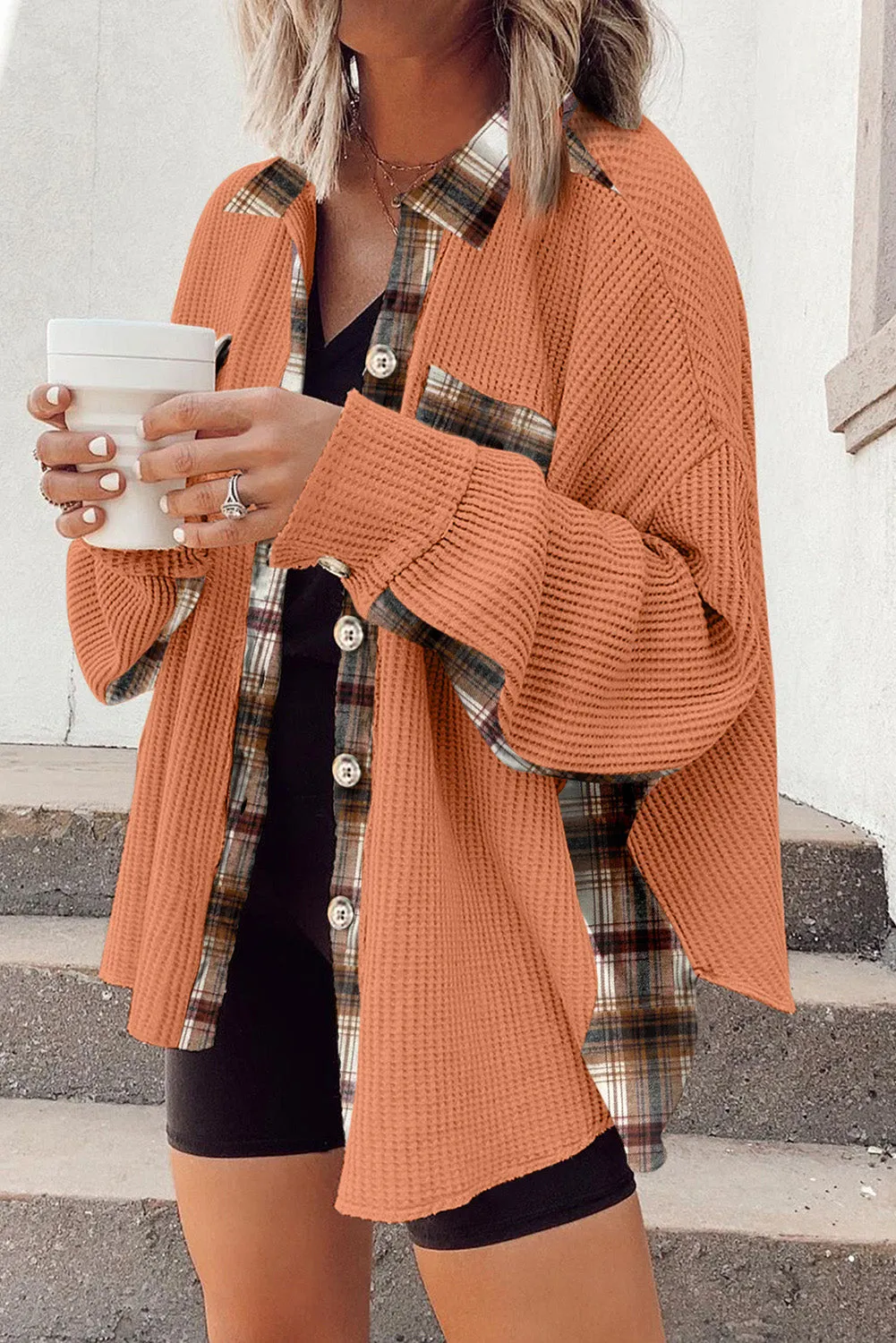 Women Waffle Knit Plaid Shacket Boyfriend Button Down Shirt Jacket