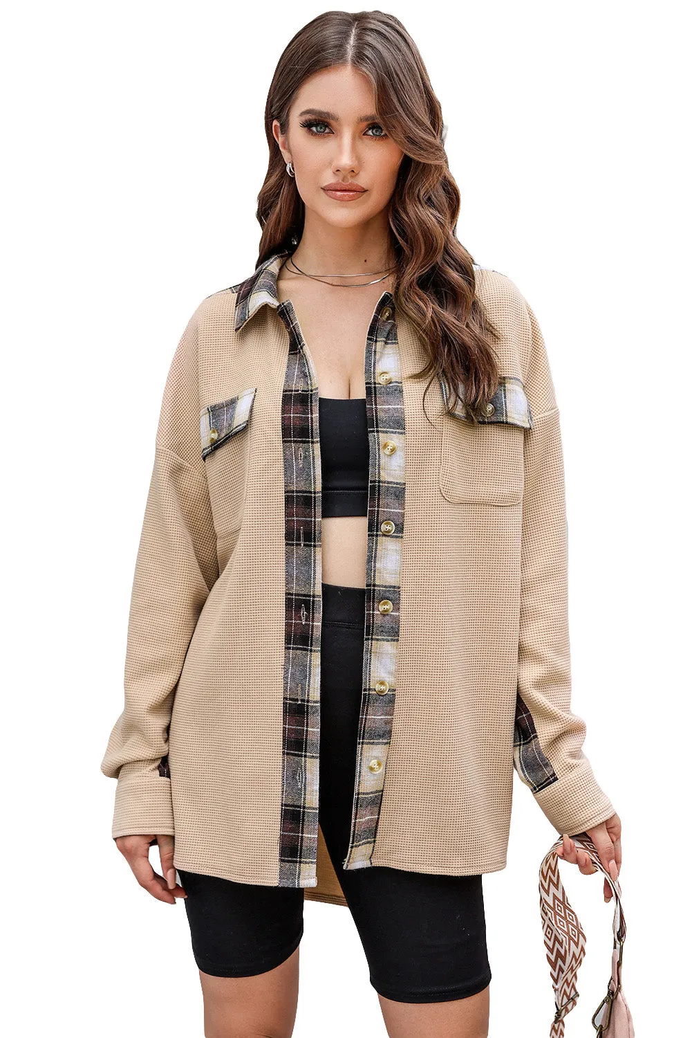 Women Waffle Knit Plaid Shacket Boyfriend Button Down Shirt Jacket