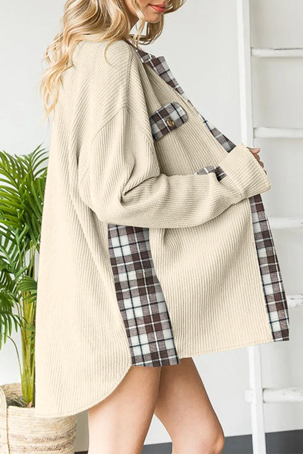 Women Waffle Knit Plaid Shacket Boyfriend Button Down Shirt Jacket