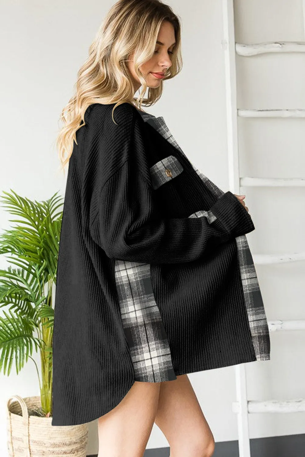 Women Waffle Knit Plaid Shacket Boyfriend Button Down Shirt Jacket