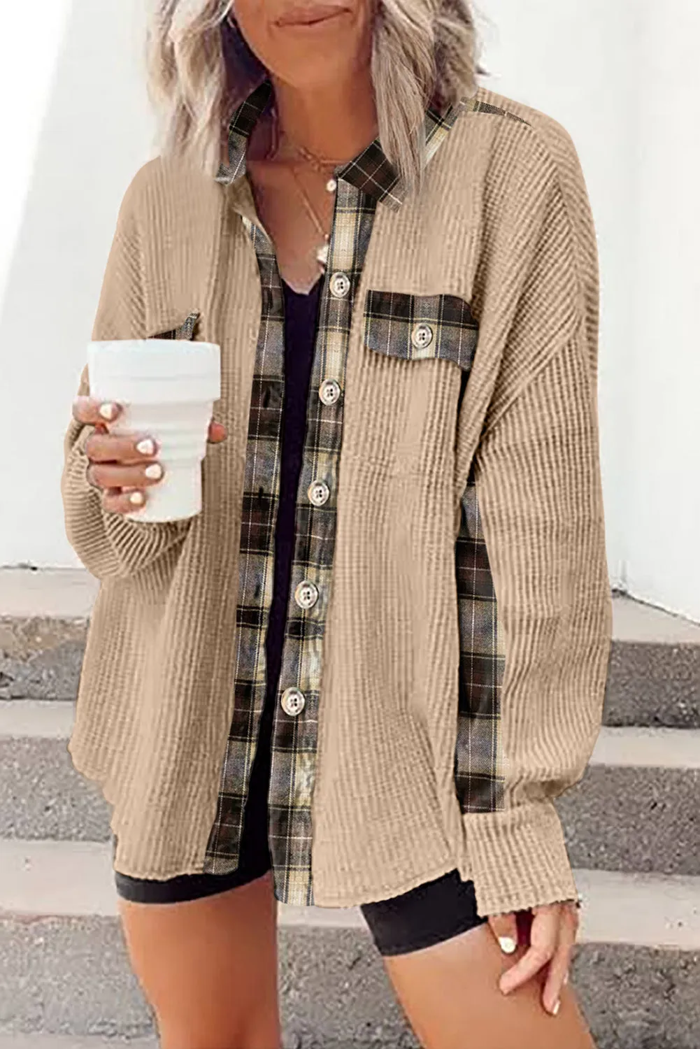 Women Waffle Knit Plaid Shacket Boyfriend Button Down Shirt Jacket