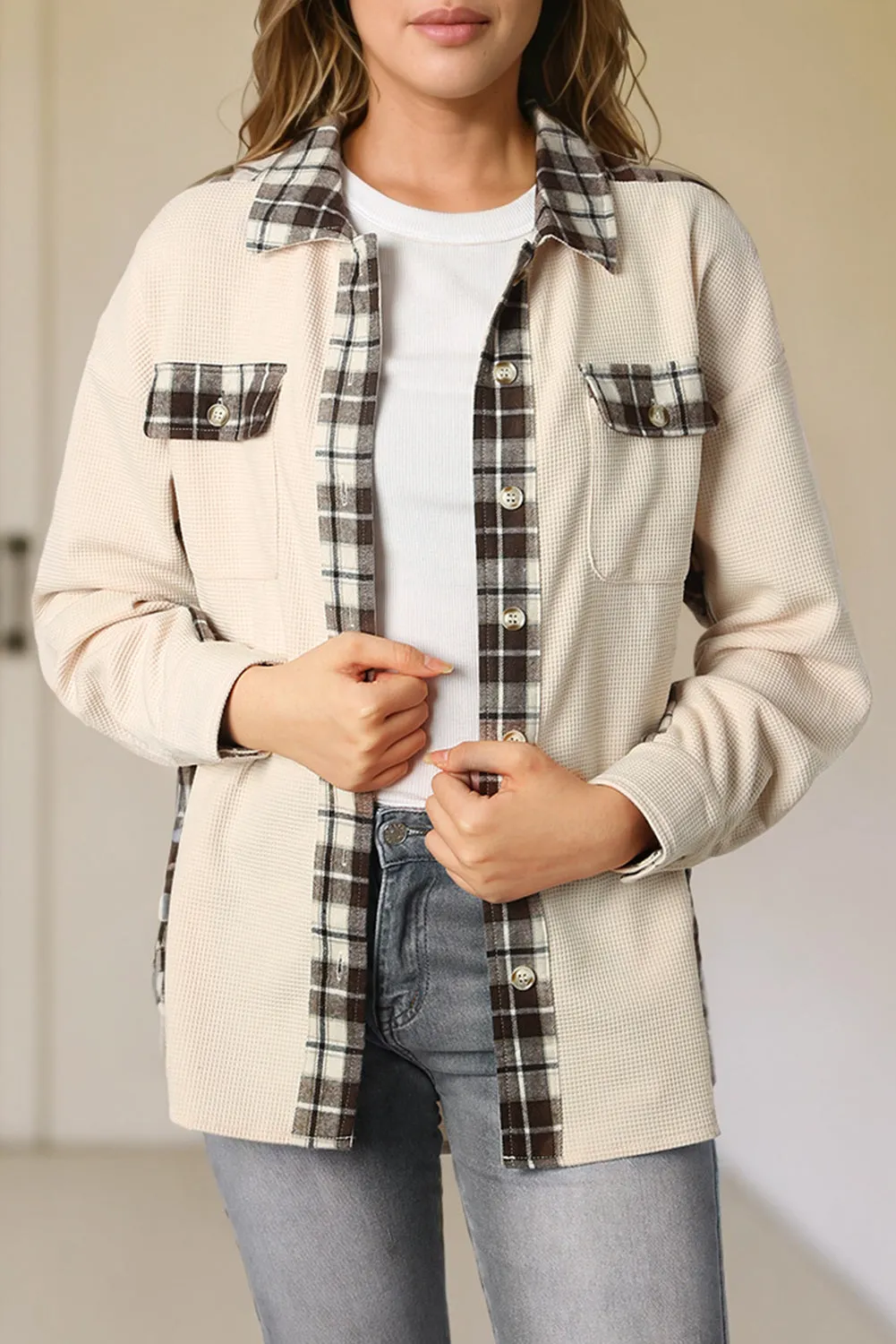 Women Waffle Knit Plaid Shacket Boyfriend Button Down Shirt Jacket