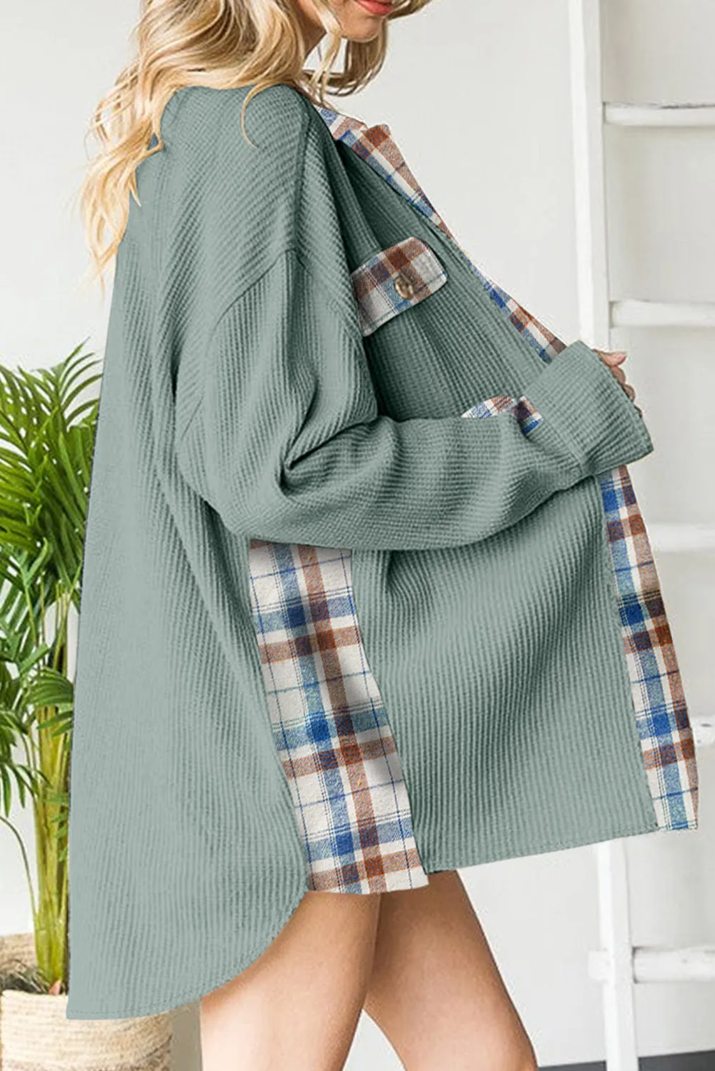 Women Waffle Knit Plaid Shacket Boyfriend Button Down Shirt Jacket