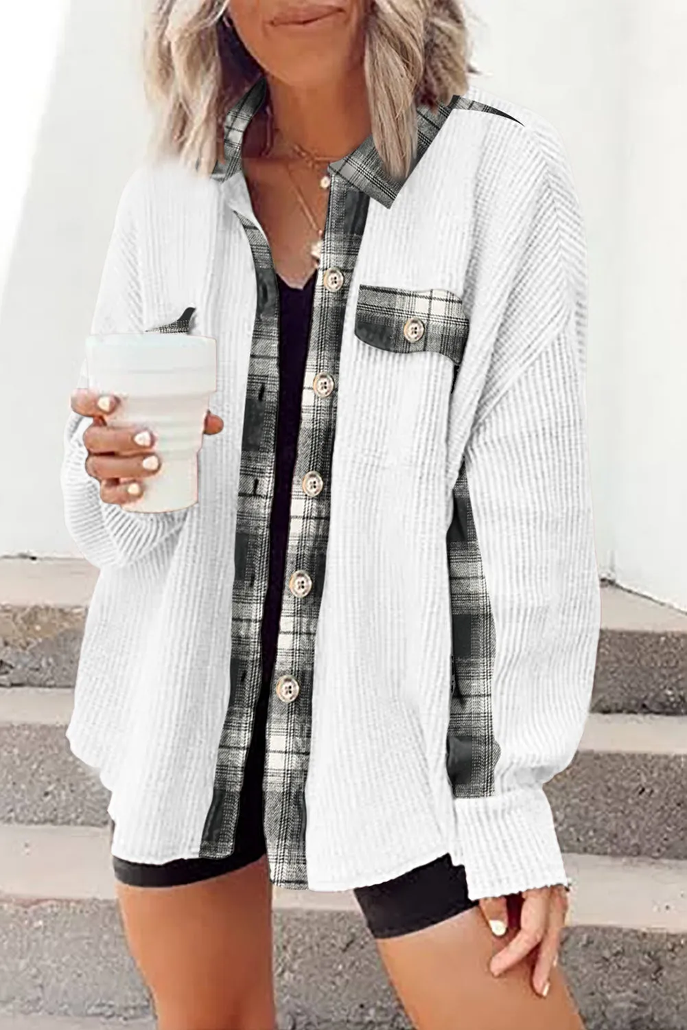 Women Waffle Knit Plaid Shacket Boyfriend Button Down Shirt Jacket