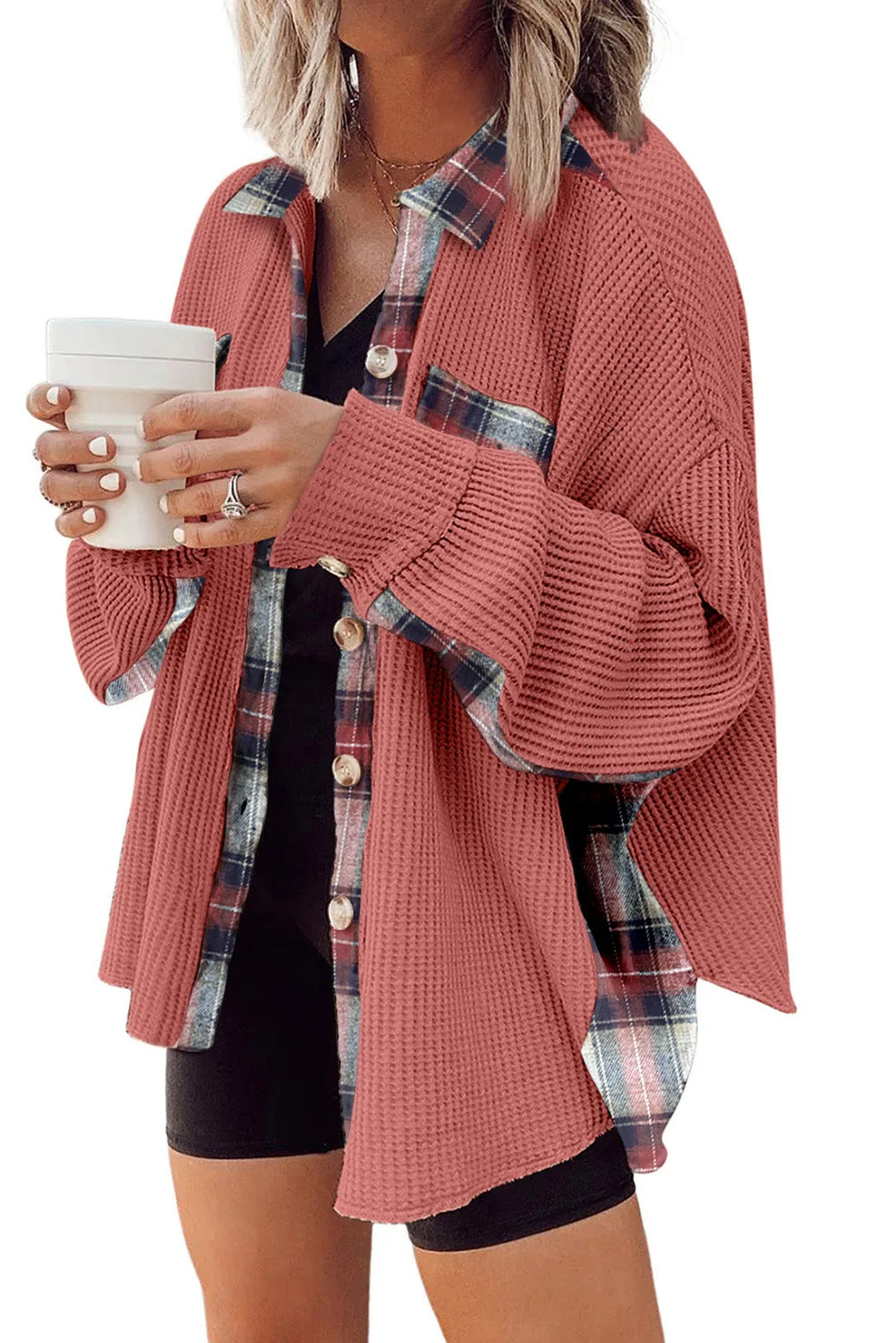 Women Waffle Knit Plaid Shacket Boyfriend Button Down Shirt Jacket