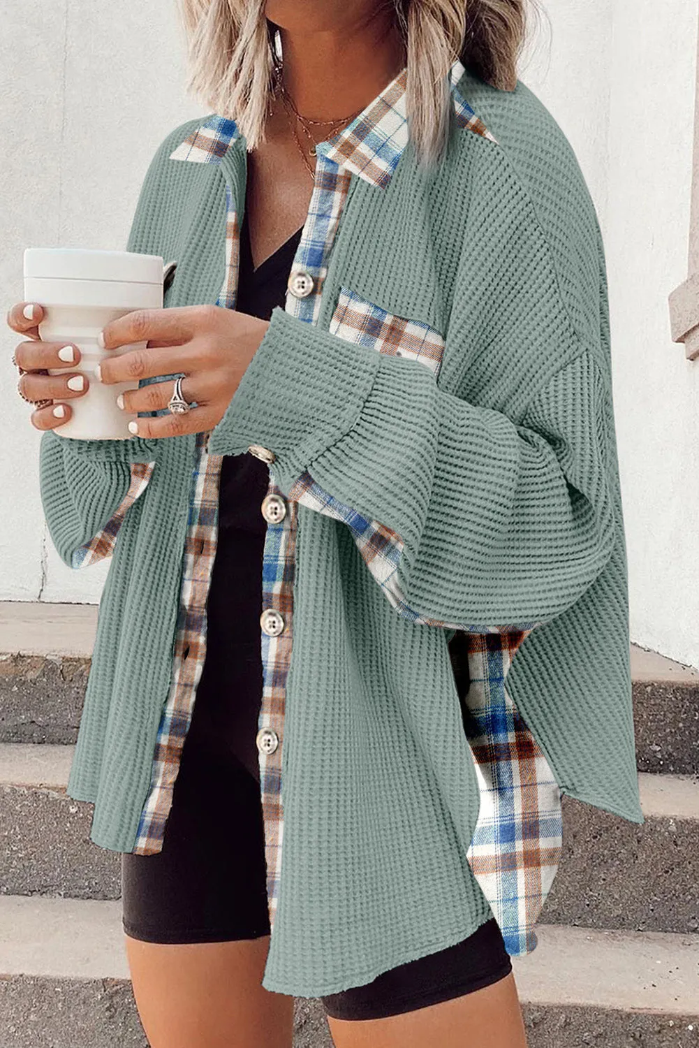 Women Waffle Knit Plaid Shacket Boyfriend Button Down Shirt Jacket