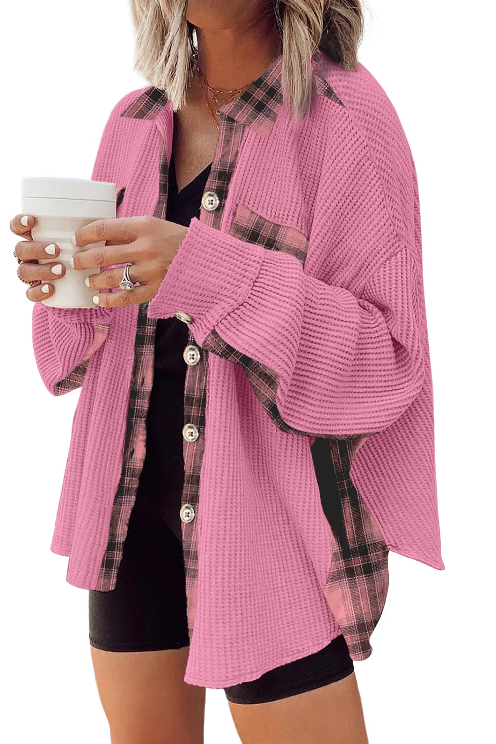 Women Waffle Knit Plaid Shacket Boyfriend Button Down Shirt Jacket