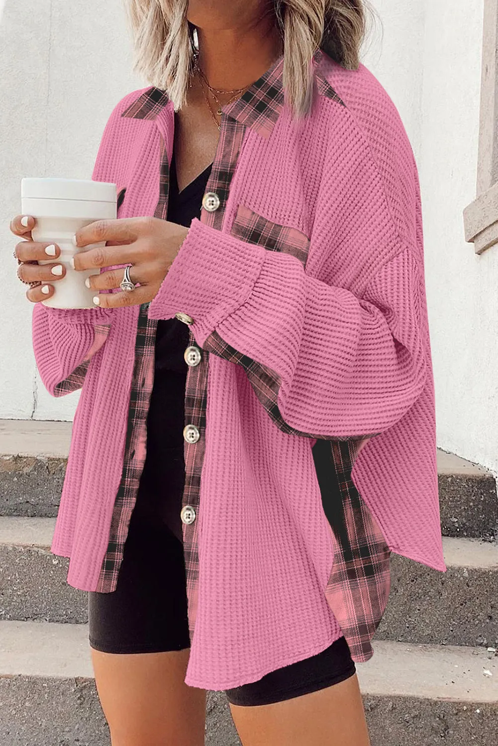 Women Waffle Knit Plaid Shacket Boyfriend Button Down Shirt Jacket