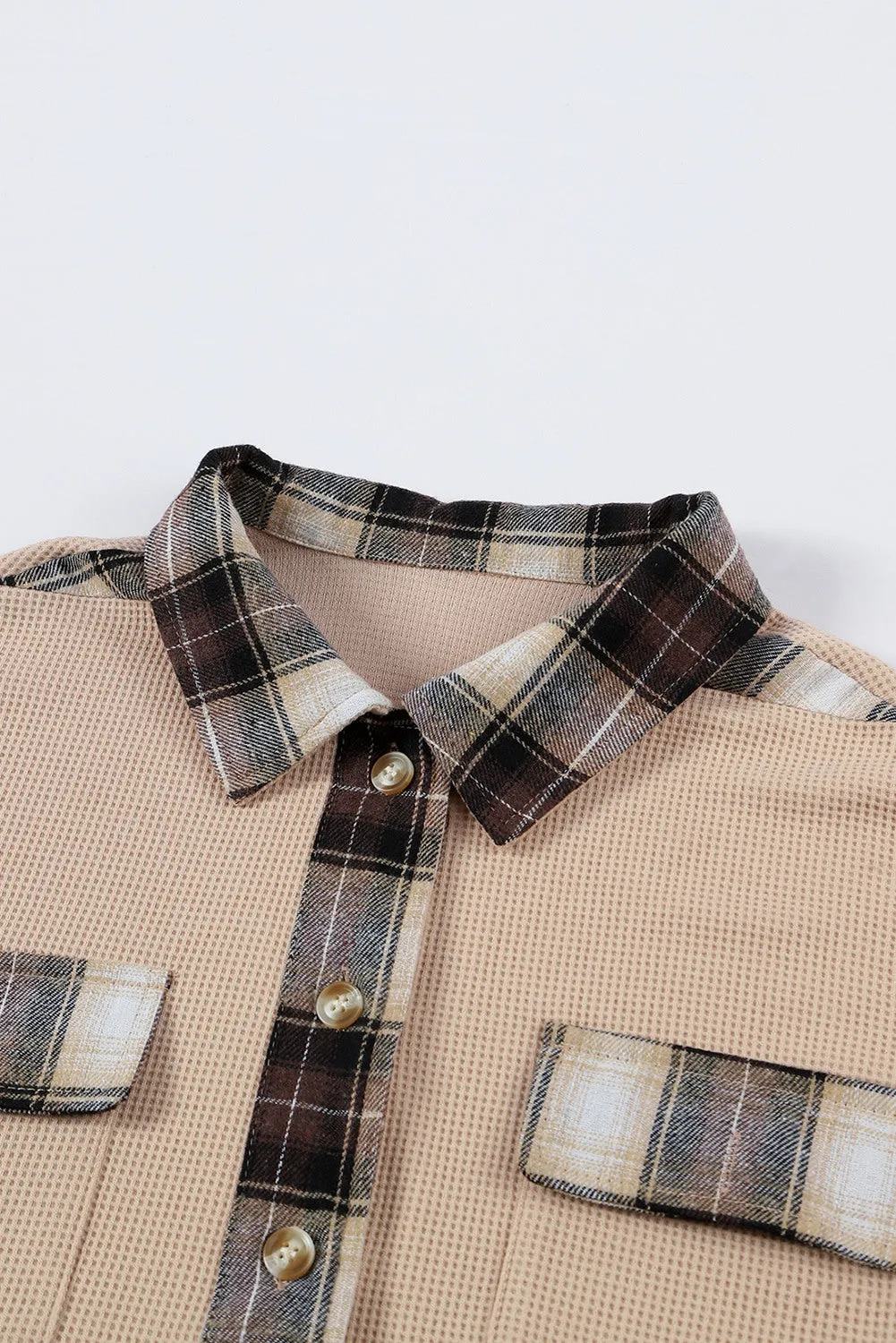 Women Waffle Knit Plaid Shacket Boyfriend Button Down Shirt Jacket