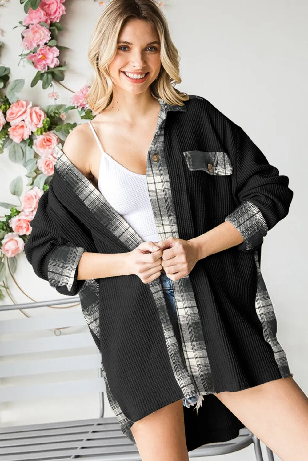 Women Waffle Knit Plaid Shacket Boyfriend Button Down Shirt Jacket