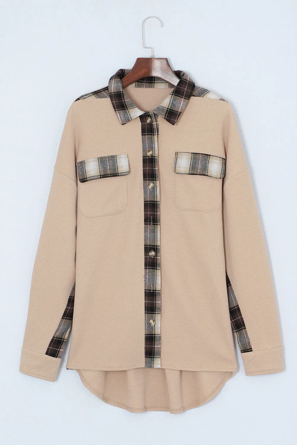 Women Waffle Knit Plaid Shacket Boyfriend Button Down Shirt Jacket