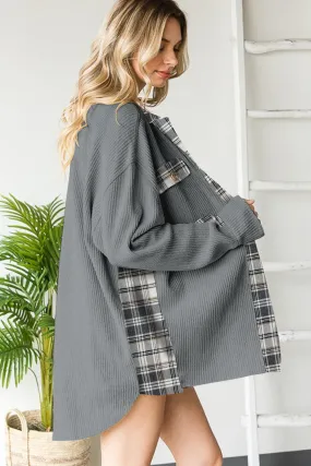 Women Waffle Knit Plaid Shacket Boyfriend Button Down Shirt Jacket