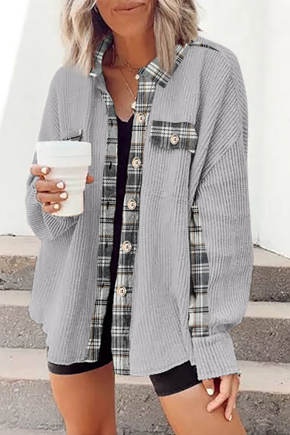 Women Waffle Knit Plaid Shacket Boyfriend Button Down Shirt Jacket