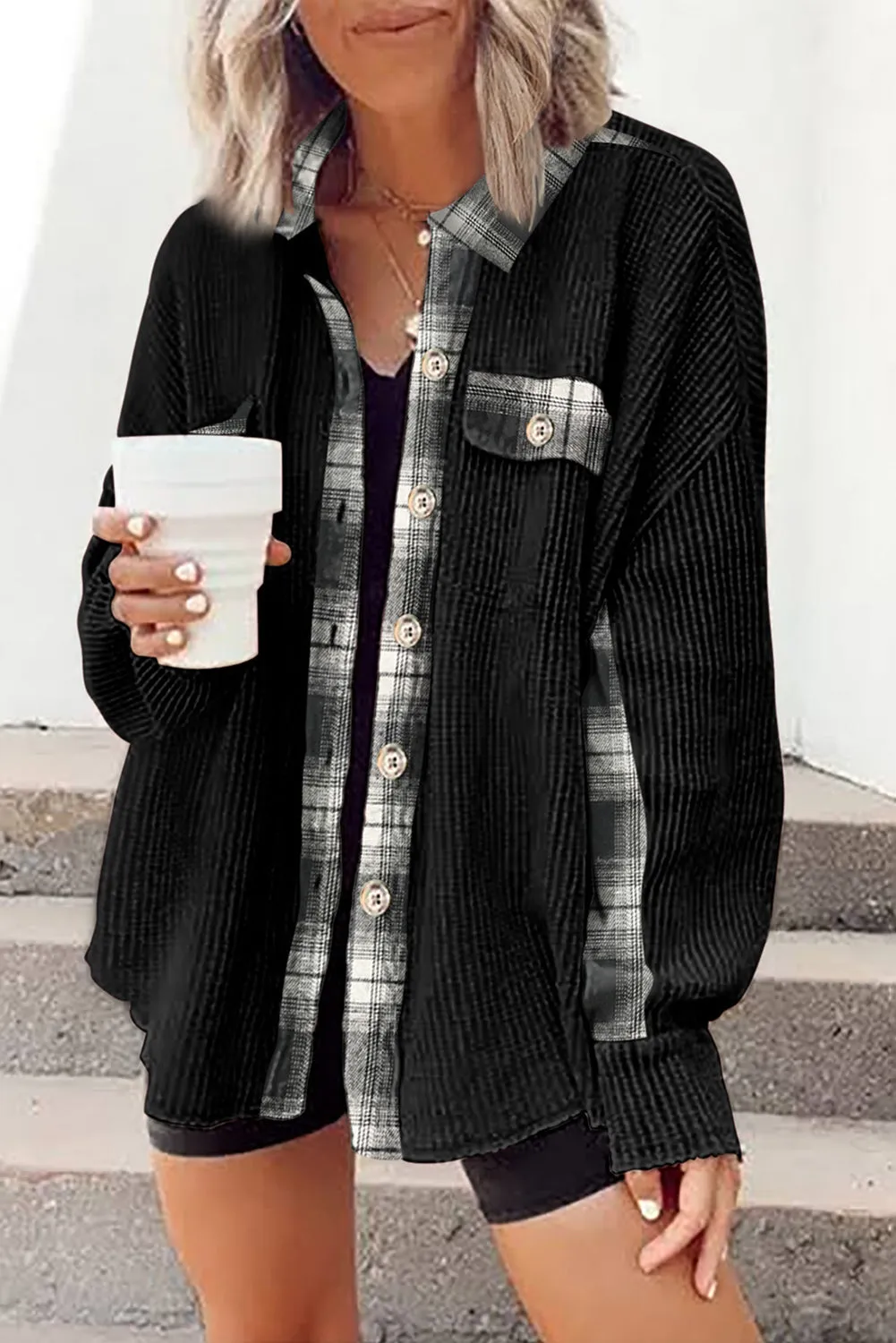 Women Waffle Knit Plaid Shacket Boyfriend Button Down Shirt Jacket