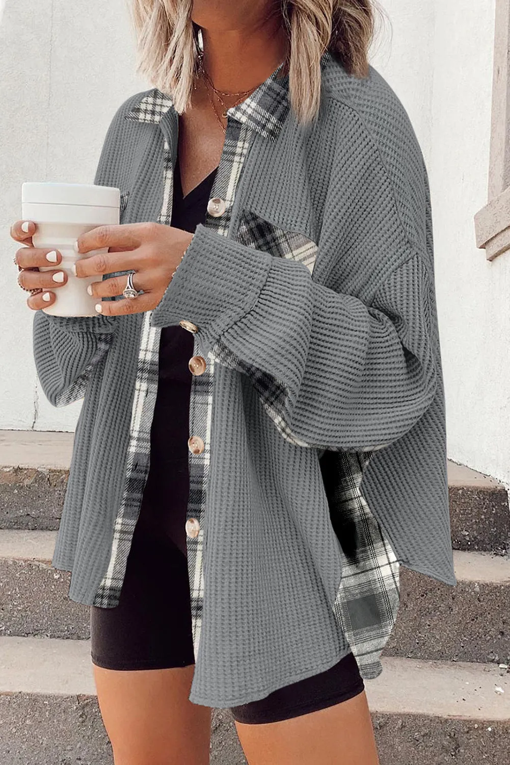 Women Waffle Knit Plaid Shacket Boyfriend Button Down Shirt Jacket