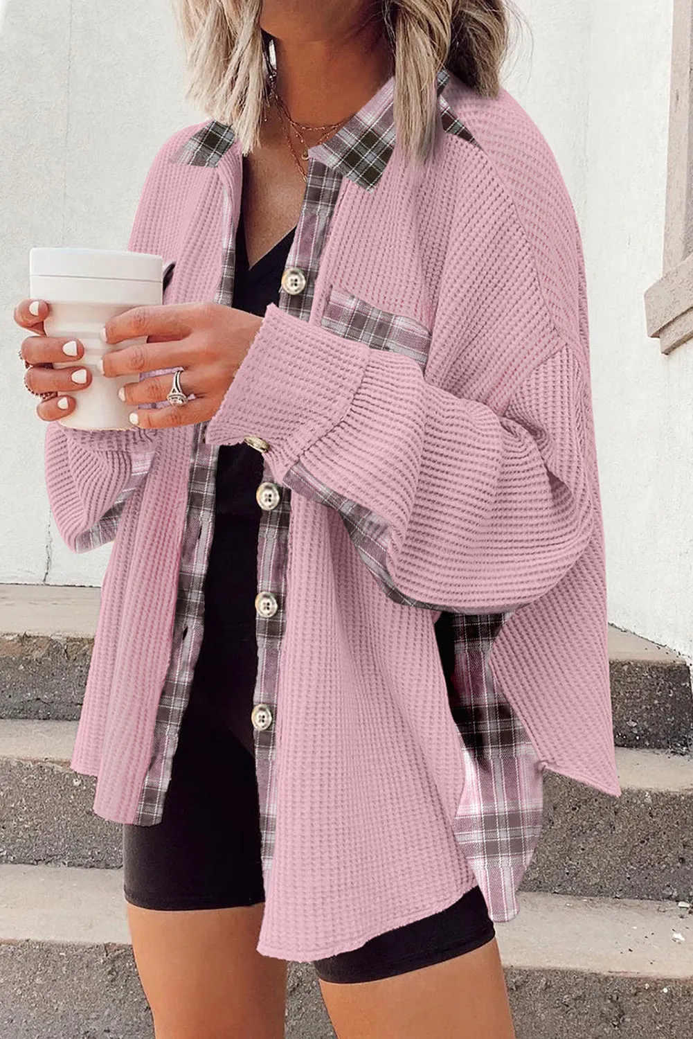 Women Waffle Knit Plaid Shacket Boyfriend Button Down Shirt Jacket