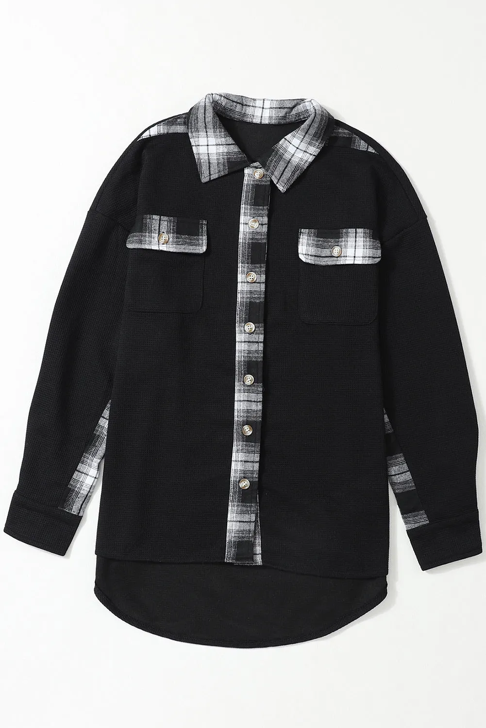 Women Waffle Knit Plaid Shacket Boyfriend Button Down Shirt Jacket