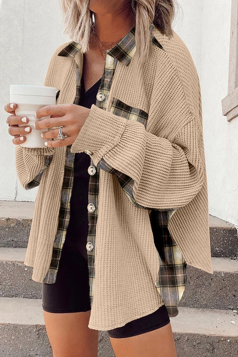 Women Waffle Knit Plaid Shacket Boyfriend Button Down Shirt Jacket