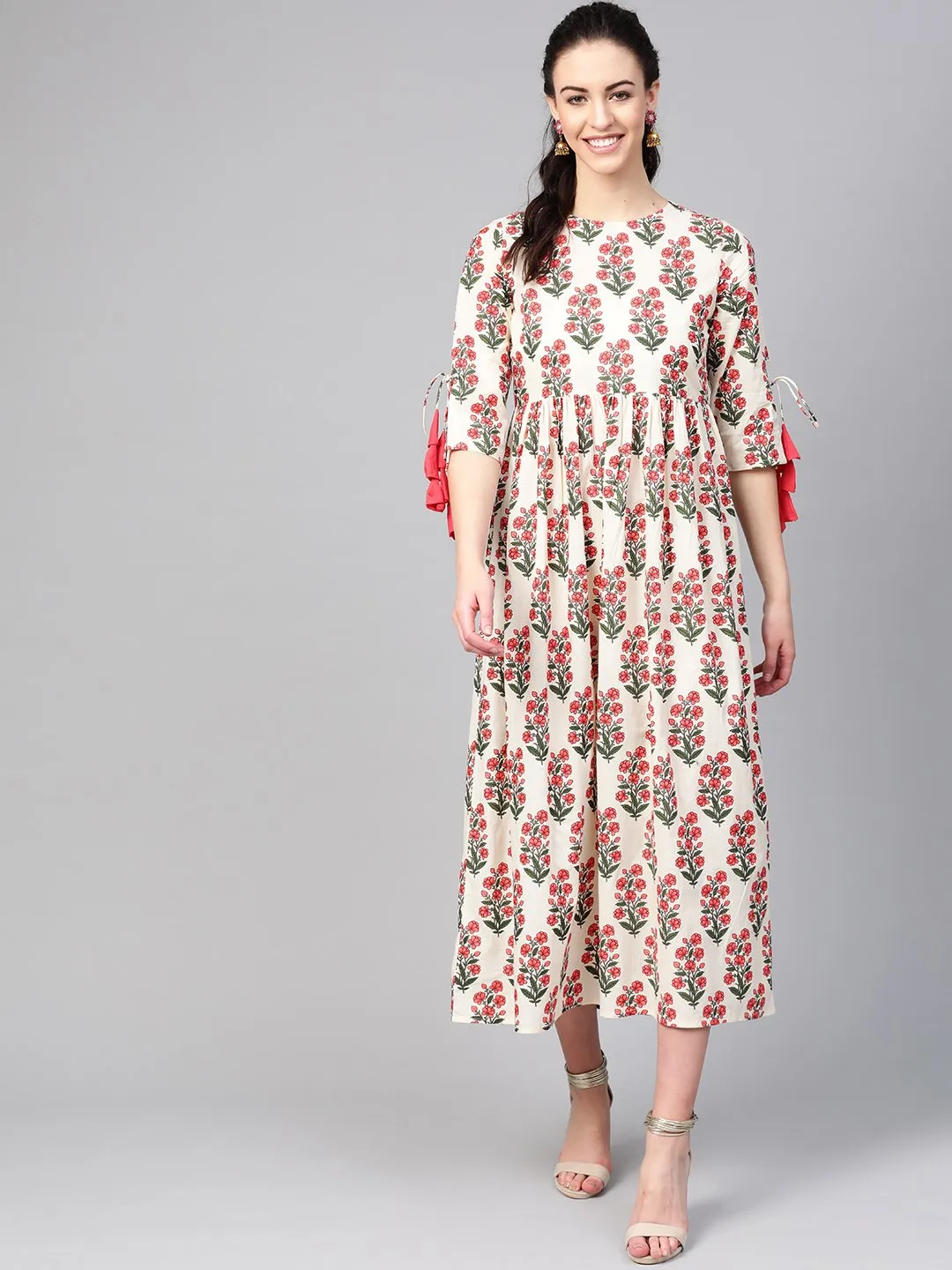 Women White & Coral Floral Printed Maxi Dress